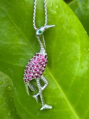 Vintage 14K white Gold pave cluster sapphire emerald bird crane pendant necklace